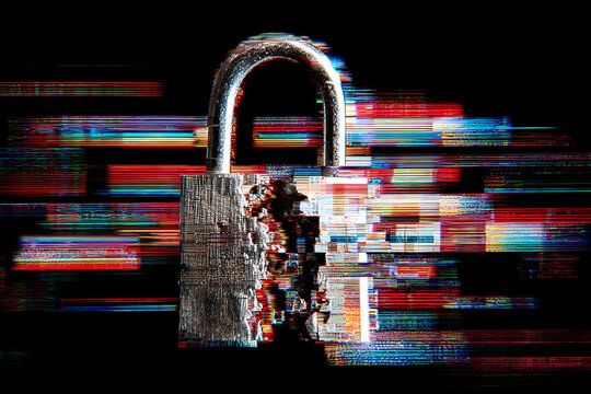 Cybersecurity risks with digital glitch art padlock symbolize data breach, network vulnerability, and technology failure, representing potential security threats and internet fraud
