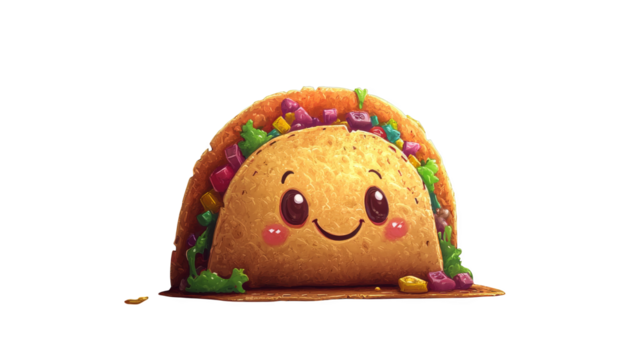 Cute smiling taco character with colorful filling and playful expression creating cheerful food illustration