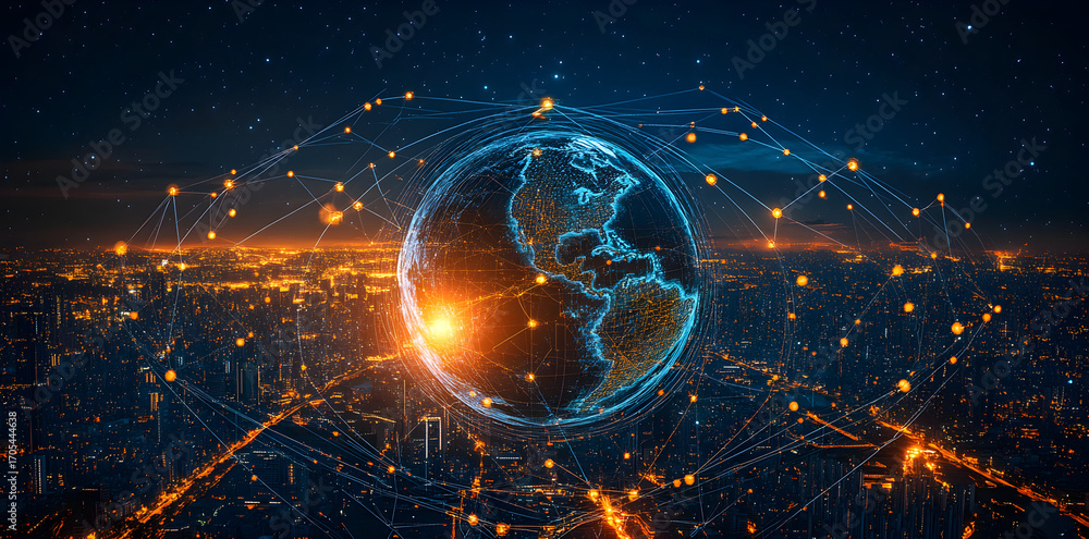 Poster abstract internet network visualization with glowing points linked by digital lines, world wide web 
