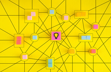Business concept networking with members connected to each other. Communication, teamwork, innovation,new ideas.. Abstract concept with wooden pieces on yellow background.