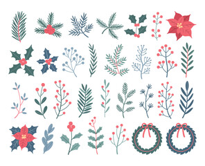 Fototapeta premium Winter Floral Decoration Collection. Cute Hand Drawn Christmas Elements with Branches, Berries, Flowers and Wreaths. Flat Vector Clipart Set Isolated on White Background.