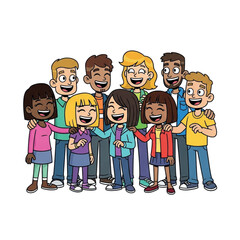 Diverse group of happy children and adults standing together.