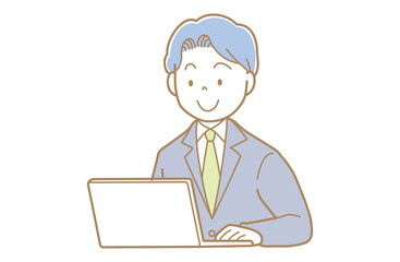 パソコン操作をするスーツ姿の若い男性のイラスト