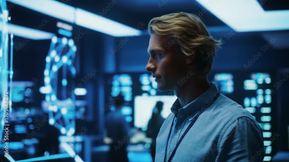 Poster one man interacting with a digital futuristic interface, augmented reality, technology, and advanced