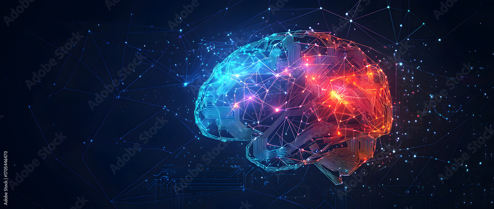 Poster futuristic blue background with polygonal brain shape and glowing circuit patterns, creative templat