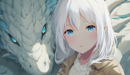 Fantasy anime girl with dragon companion and icy blue eyes