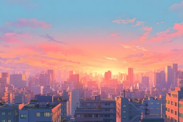 Vibrant city skyline at sunset with glowing pastel sky