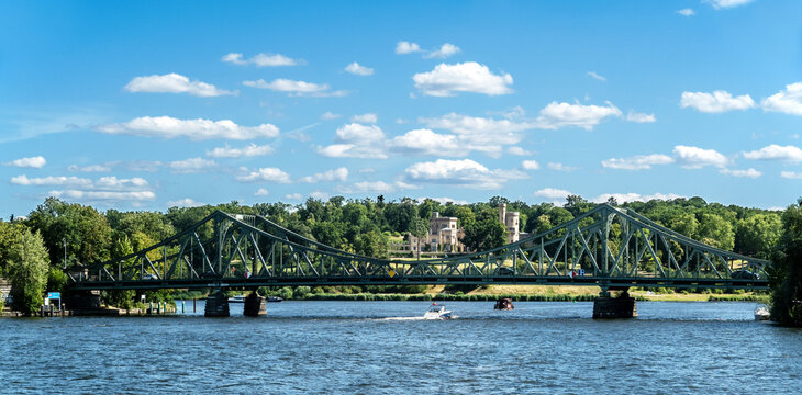 Boat trip in Potsdam: Glienicke bridge, famous as the  East/West exchange spot for spies during the cold war,; in background Babelsberg castle