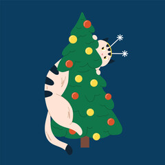 Funny illustration of a playful cat climbing a decorated Christmas tree with toy on a blue background in flat style.