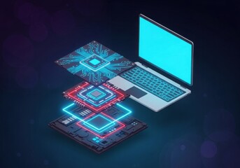 Photo of abstract visualization of a laptop computer with glowing circuit boards and processors, representing advanced technology and digital innovation