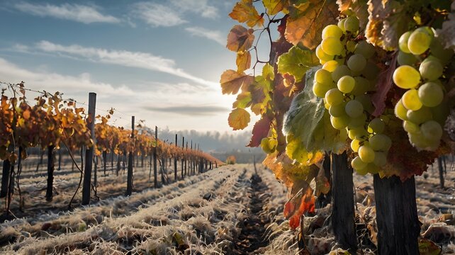 Frozen grapes hanging from vines in autumn vineyard at sunrise - Powered by Adobe