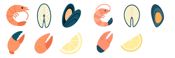 Fresh seafood assortment with shrimp, mussels, fish steak, crab claws, and lemon slices on white background
