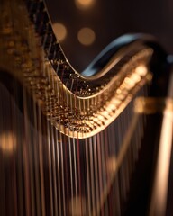 Close-up of a Golden Harp with Strings and Lights