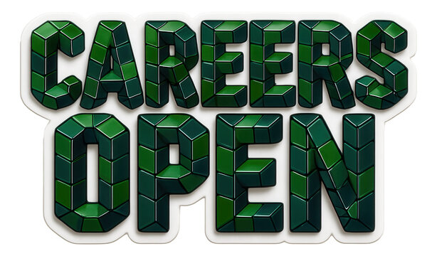 Green geometric block sticker with CAREERS OPEN message in a glossy style, inviting retail promo offer on transparent background.