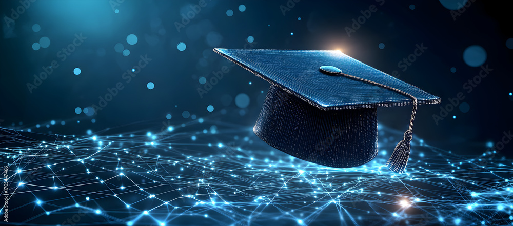 Poster abstract digital art of luminous graduation mortarboard created with neon connections and particles,