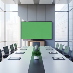 Conference room with green screen display and modern design