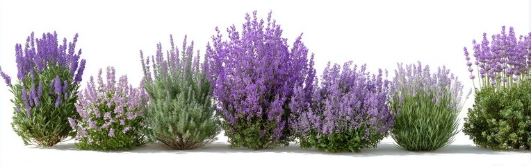 Fototapeta premium Lavender bushes in a horizontal row against a white background (1)