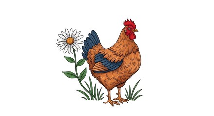 Brown Hen with Daisy Flower Illustration.