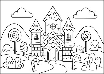 Fototapeta premium Coloring page, A fantasy chocolate castle with candy towers and wafer walls.