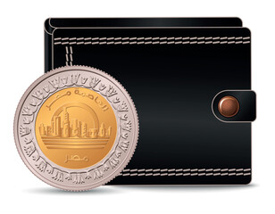Egyptian money with a wallet in the background. Egypt's coin 1 pound 2019 New capital of Egypt - Vedian. A 1 pound coin next to the wallet.