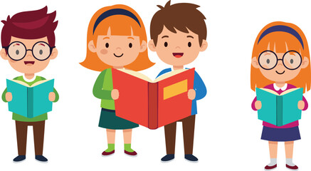 Cartoon children reading books together, diverse kids enjoying education, school library scene, colorful learning illustration for literacy and classroom themes
