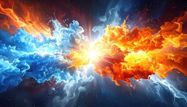 Dynamic Digital Art Depicting Orange and Blue Clouds Colliding with a Central Burst of Light and Abstract Particles on Dark Background