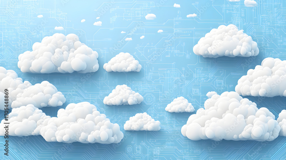Aufkleber cloud computing concept banner with abstract digital clouds and circuit board texture, blue technolo