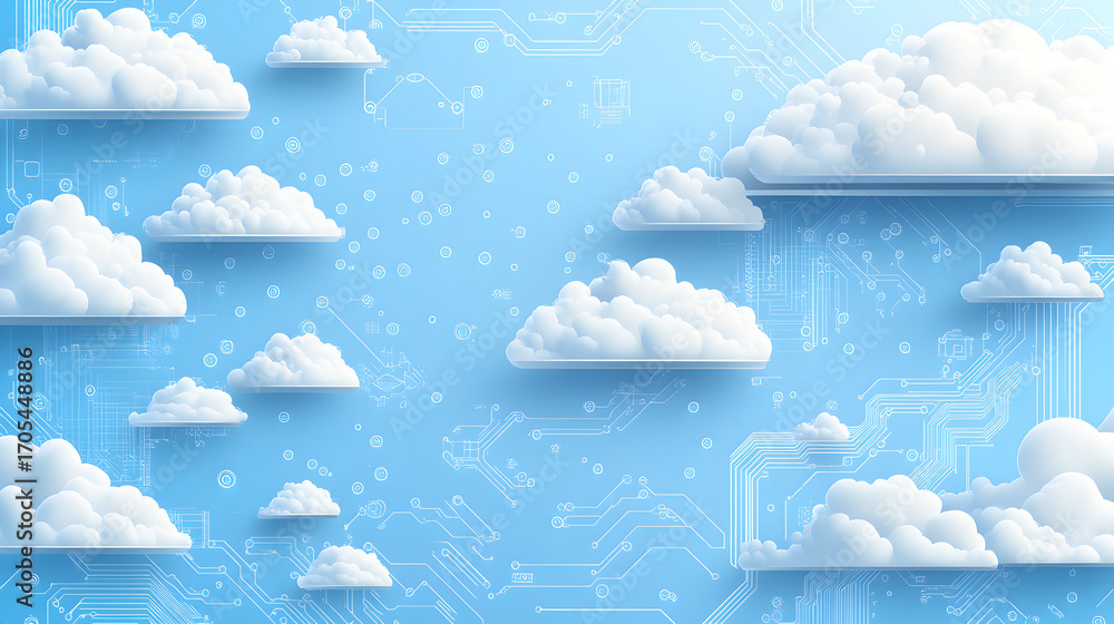 Poster abstract blue background featuring clouds with glowing circuit lines, modern digital banner design s