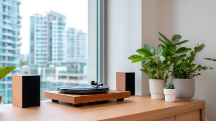 Vintage audio apartment featuring and turntable speakers cozy urban decor interior atmosphere natural light relaxed setup 87571645 1