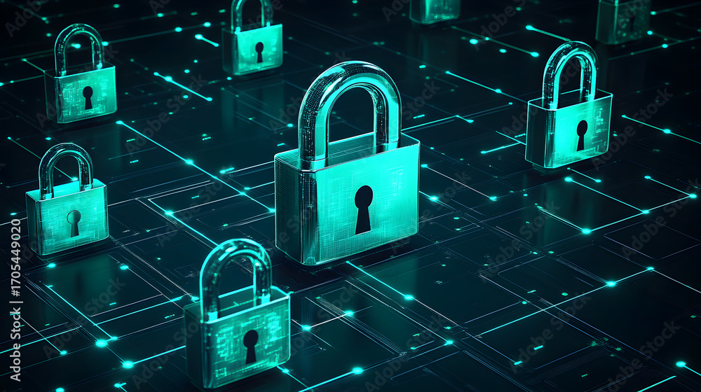 Poster abstract tech security background with teal padlock icons distributed across digital grid, concept o