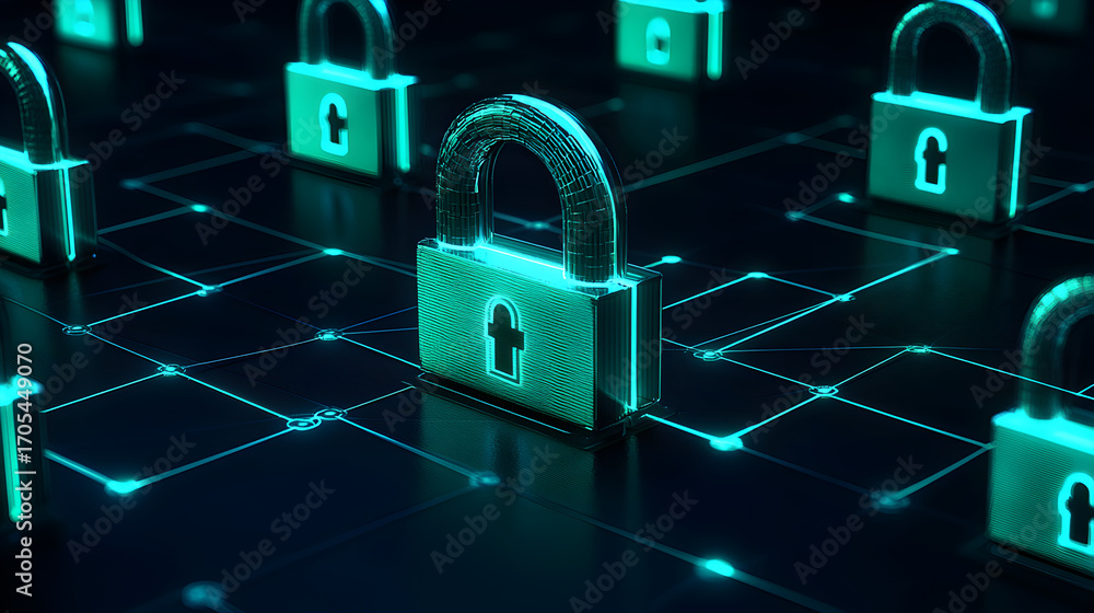 Poster cybersecurity concept with digital grid and padlock icons in teal and black, modern abstract backgro