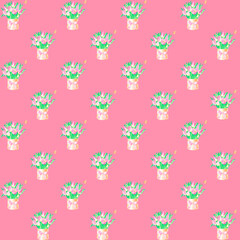 Seamless pattern with a beautiful bouquet of tulips in a box, hand-drawn in watercolor.