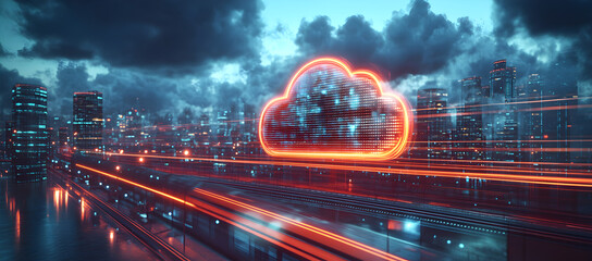 Futuristic background with high-speed train passing through glowing digital cloud computing network on city backdrop, symbol of fast internet, data speed, and technological innovation