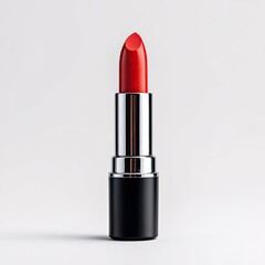 Classic red lipstick in a sleek, black and silver tube, set against a minimalist white background