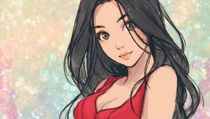 Beautiful anime girl with flowing black hair and floral background