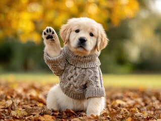 A cute golden retriever puppy wearing a gray knitted sweater, sitting on autumn leaves with a raised paw.