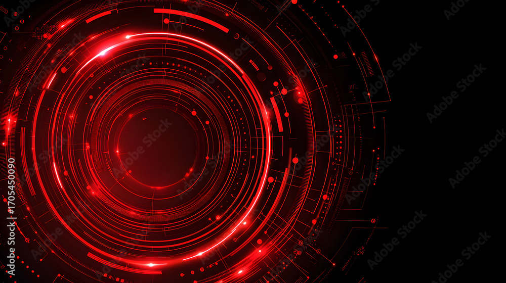 Poster abstract digital tech backdrop in black with luminous red circles, futuristic glowing vector design 