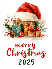 Watercolor Merry Christmas 2025 Greeting with Gifts and Santa Hat