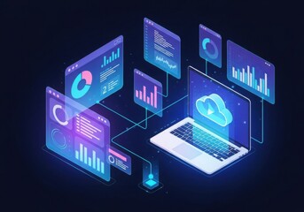 Photo of futuristic digital data analytics and cloud computing concept with glowing charts and graphs displayed on screens connected to a laptop