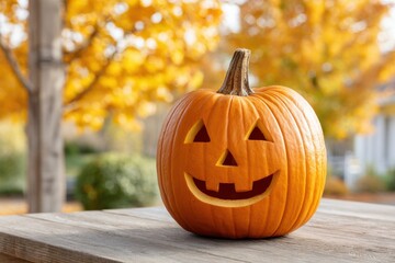 A friendly jack-o'-lantern carved pumpkin sits on a wooden surface with a vibrant autumn tree backdrop.