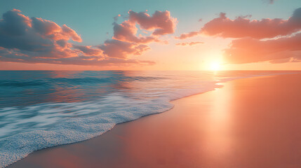 Obraz premium Sunrise over tranquil ocean waves with colorful sky at serene beach in the early morning