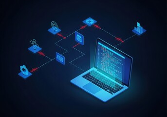 Photo of futuristic digital network connecting a laptop with glowing code and abstract data nodes, representing technology and information flow