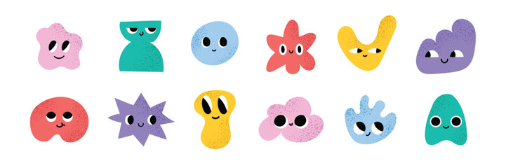 Cute abstract characters set. Funny colorful geometric shapes with faces, smiles and emotions. Creative design for kids. Illustration isolated on white background.