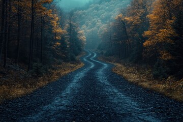 Fototapeta premium Mystical dark forest path winding through autumn foliage at dusk