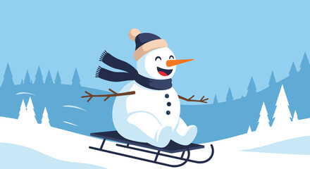 Happy Snowman Riding a Sled Downhill in Winter.