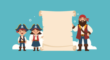 Pirate Family Posing With A Blank Scroll For Text.