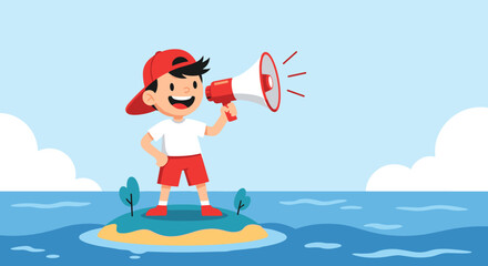 Naklejka premium Boy with Megaphone on Island Announcing Something Important.