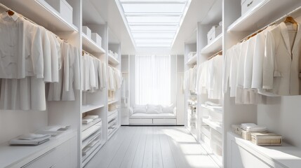 White spacious closet features neatly organized clothes and modern storage solutions under skylight.