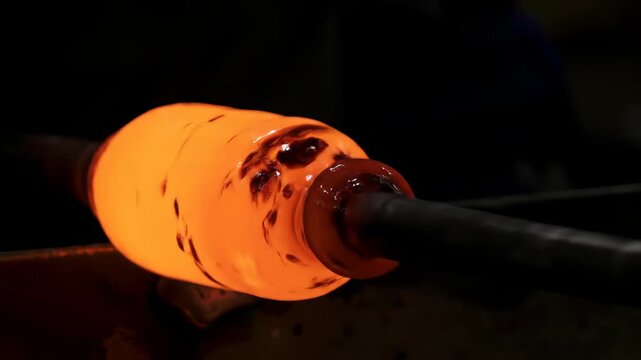 Close-up of glowing molten glass being shaped, glassblowing artisan craft, orange color, manufacturing process, hot glass, industry concept.