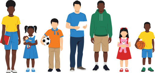 Diverse group of adults and children standing together holding toys, books, and sports gear in casual outfits, community unity concept illustration